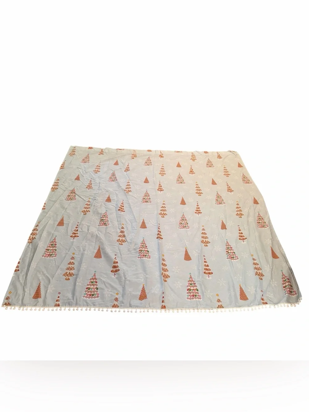Cupcakes & Cashmere Blue Christmas Trees Fabric Shower Curtain Pom Poms 72x72